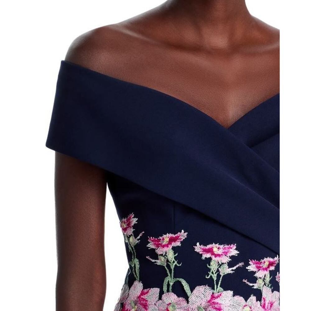 Teri Jon byRickie Freeman Crepe Off-the-Shoulder Embroidered Tulle Dress 10 $660 - Picture 3 of 11